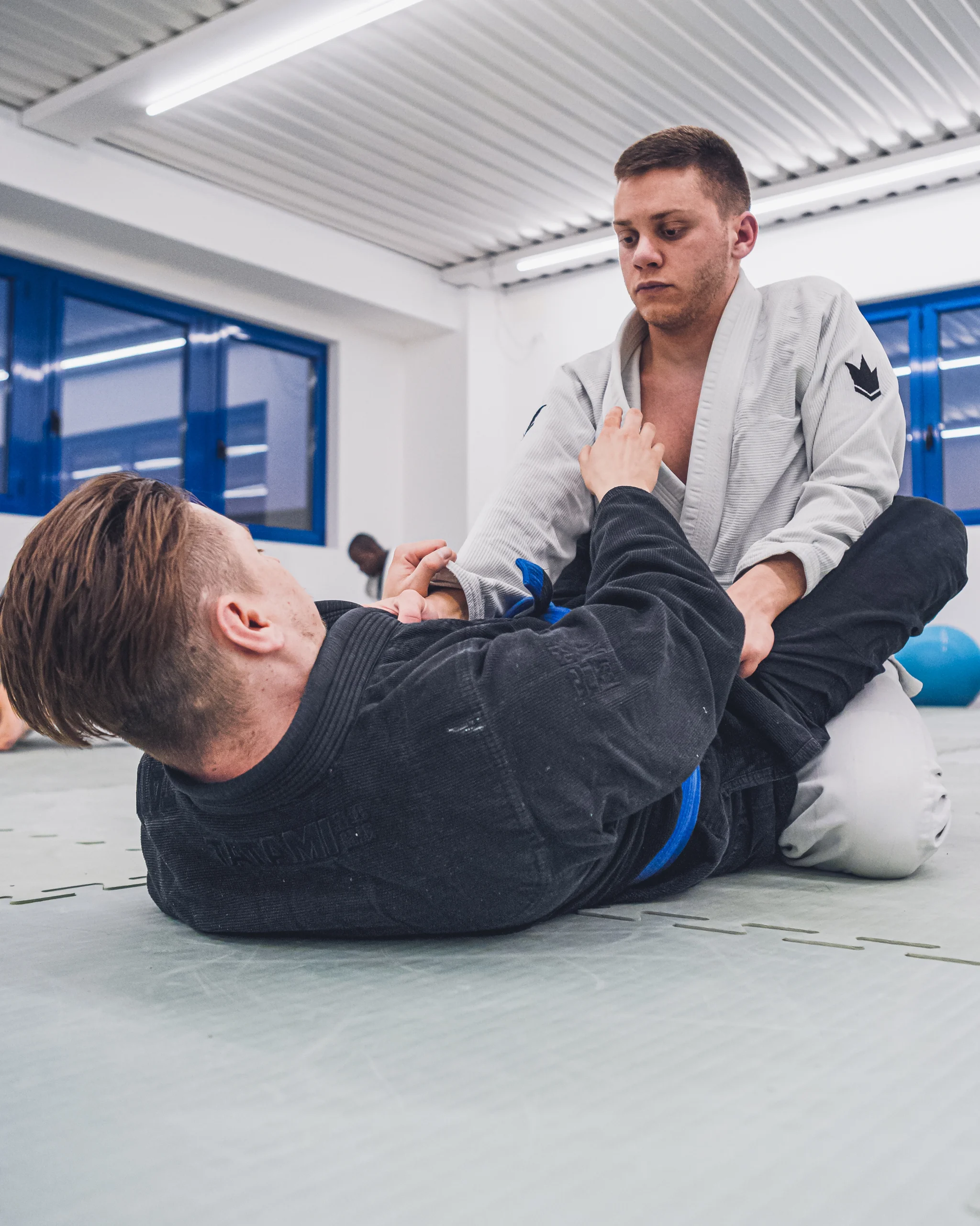 Due jujiteri fanno sparring durante gli allenamenti di jiu jitsu